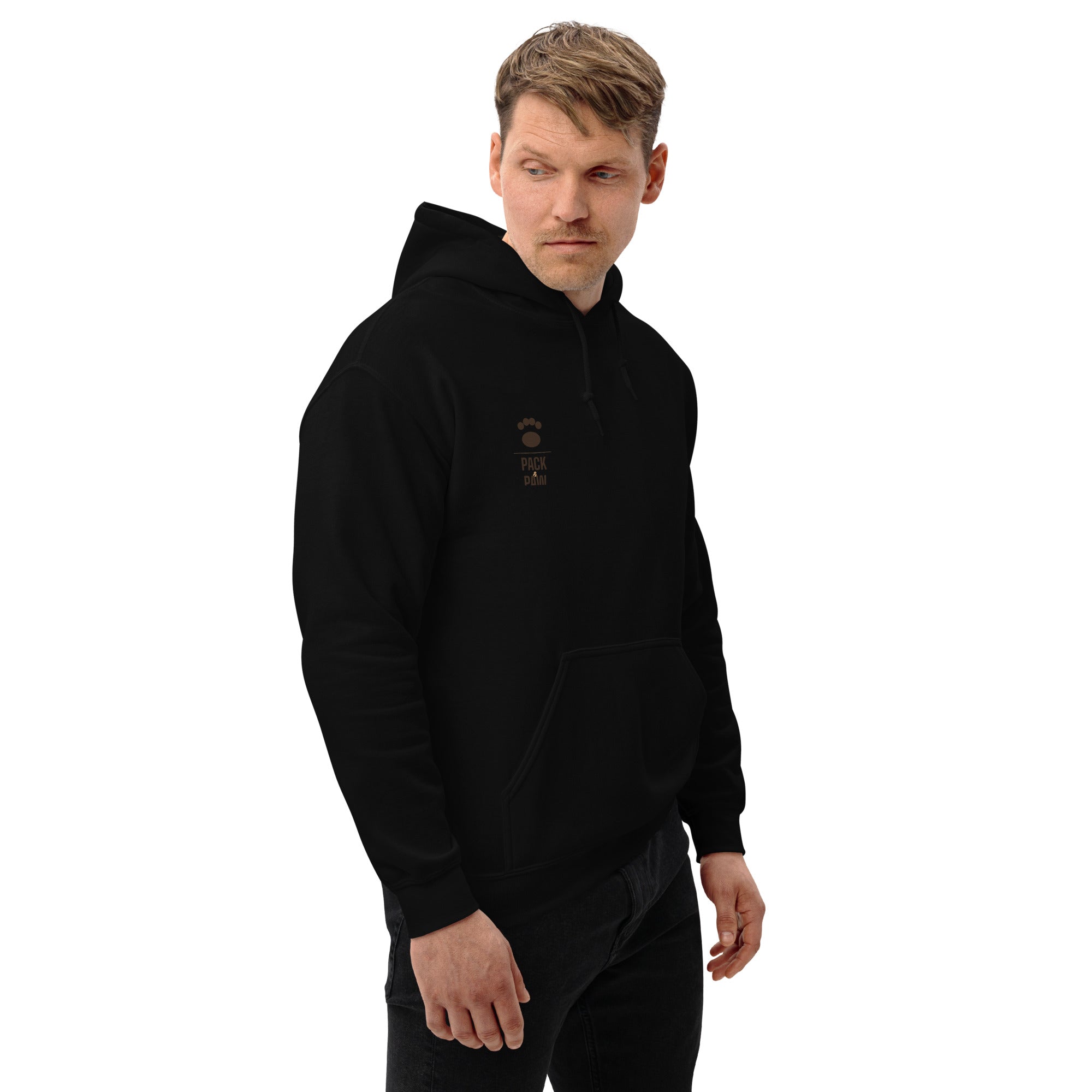 Pack & Paw Chill Dog, Anxious Human Hoodie — right three-quarter front view
